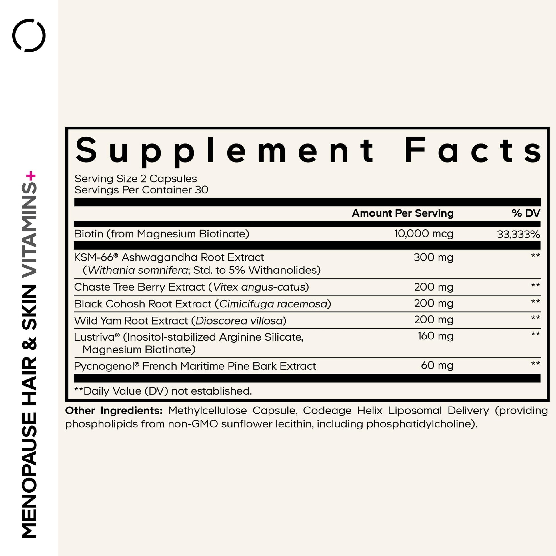 Codeage Menopause Hair & Skin Vitamins+ - Patented Lustriva, Pycnogenol, KSM-66 Ashwagandha - Hair Density Skin Perimenopause Support - Menopause Supplement - 10,000 Mcg Biotin, Wild Yam - 60 Capsules CodeageAu supplements