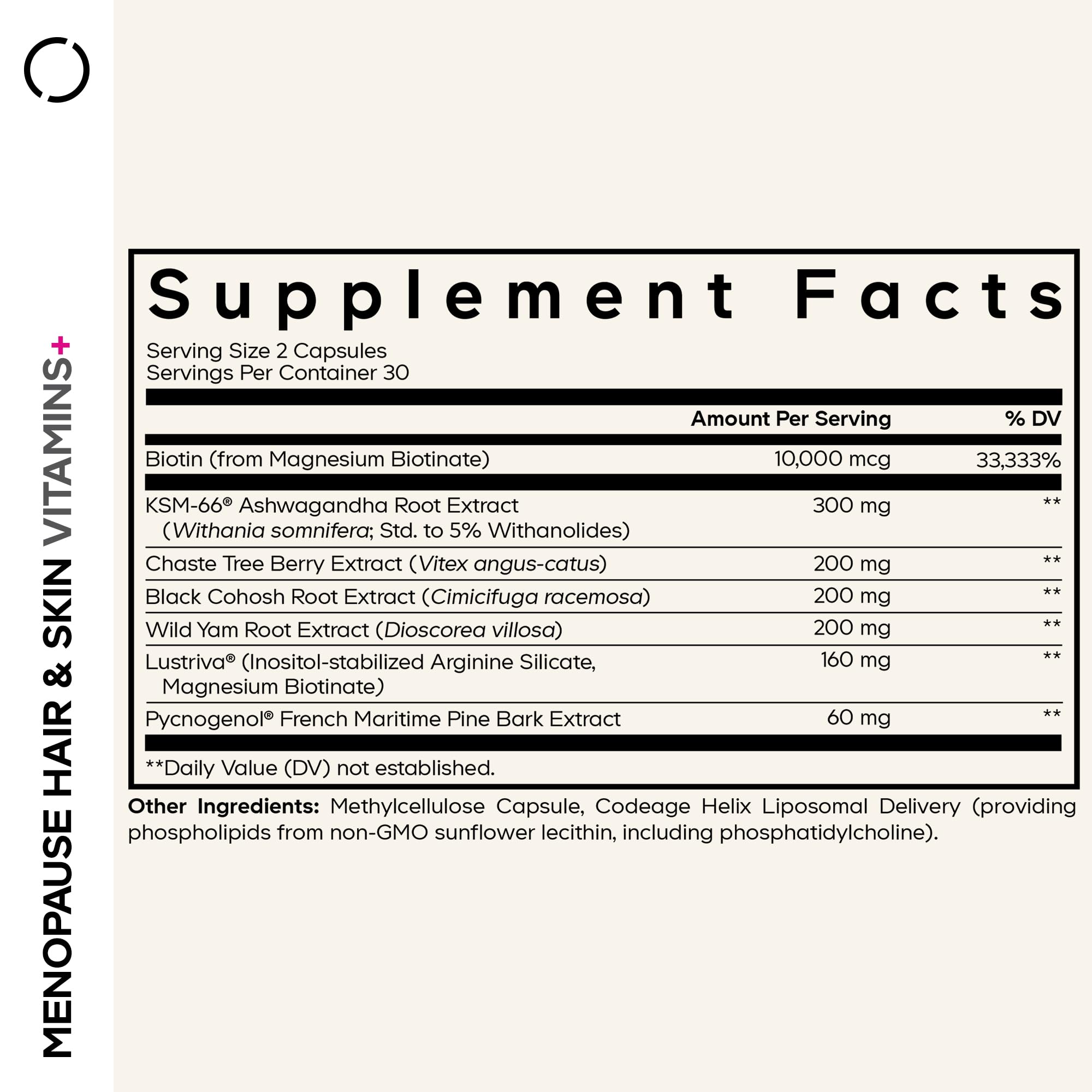 Codeage Menopause Hair & Skin Vitamins+ - Patented Lustriva, Pycnogenol, KSM-66 Ashwagandha - Hair Density Skin Perimenopause Support - Menopause Supplement - 10,000 Mcg Biotin, Wild Yam - 60 Capsules CodeageAu supplements