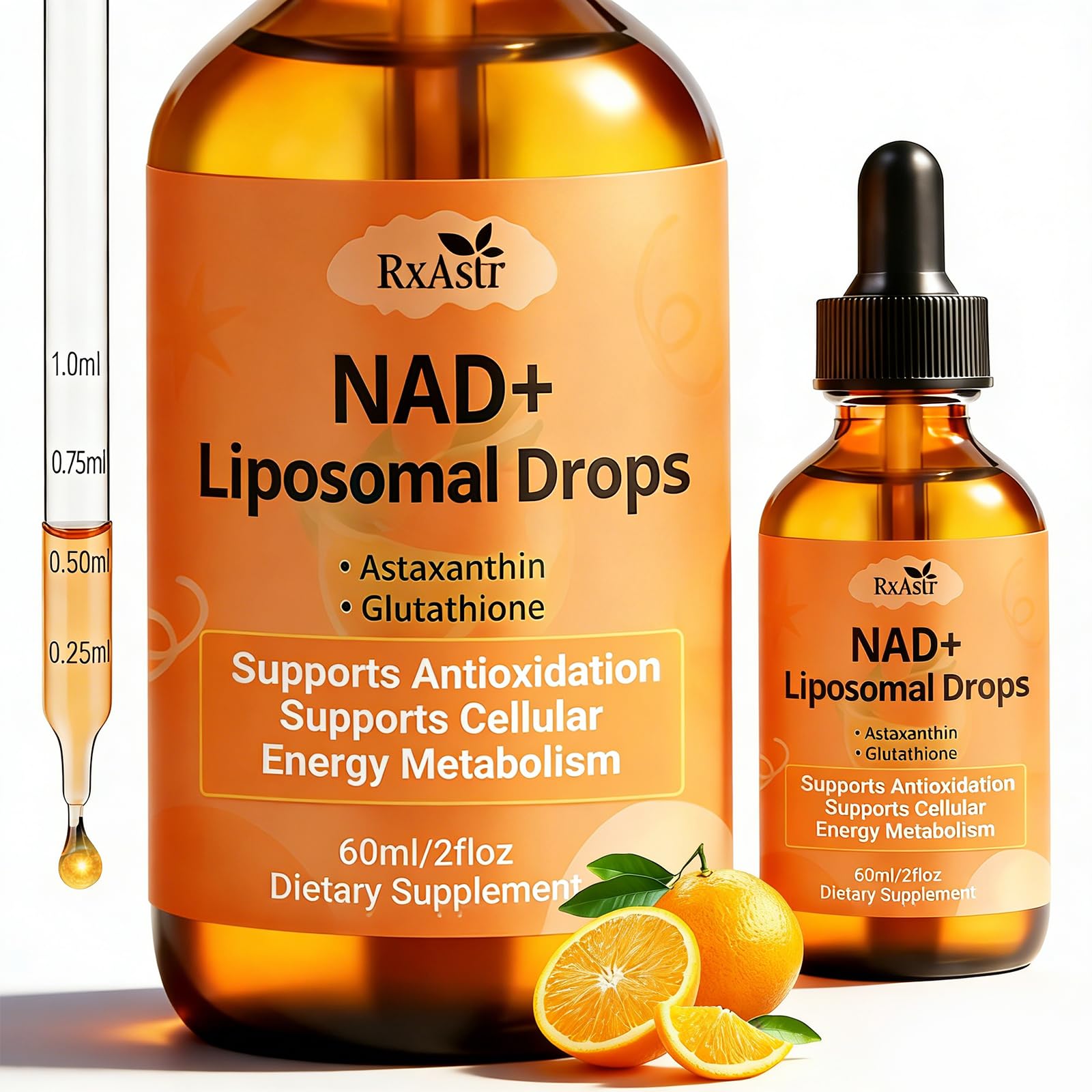 NAD+ Liposomal Drops with Astaxanthin & Glutathione, 600mg NR for Cellular Energy, Antioxidant Defense, Skin & Cognitive Support for Men & Women, Natural Citrus Flavor, Vegan, GMP Certified, 60ml RxAstrAu supplements