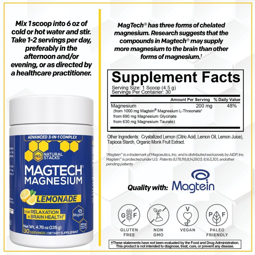 Magtein Magnesium L-Threonate, Glycinate & Taurate - MagTech Magnesium Powder - Sugar Free Lemonade Drink - 200mg Chelated Triple Complex - Supports Relaxation & Brain Health* - 30 Servings NATURAL STACKSAu supplements