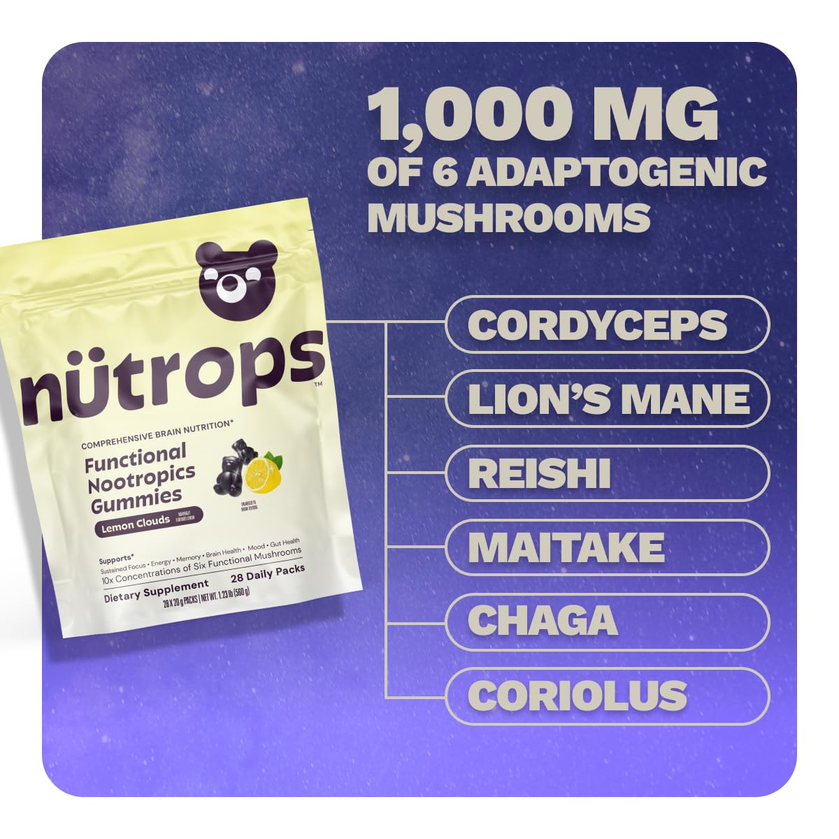 Nutrops Lions Mane Mushroom Gummies for adults, Functional Nootropics, Herbal Brain Supplement for Energy, Brain Health, Cognitive, Memory & Focus, Reishi, Chaga, Cordyceps, Coriolus, 28 daily Packs GrünsAu supplements