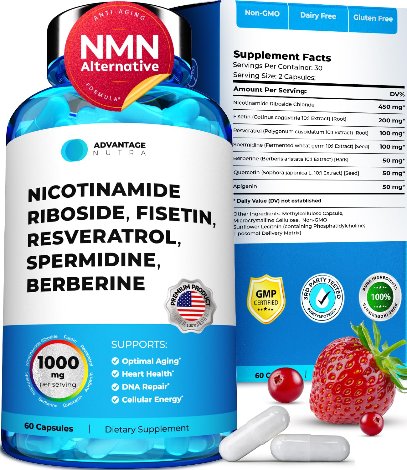 AdvantageNutra Liposomal Nicotinamide Riboside NR Supplement Resveratrol NAD : Nicotinamide 500mg w/Fisetin, Resveratrol Powder Spermidine Berberine NAD Resveratrol Supplement 500 mg - 60 caps 1 Pack AdvantageNutraAu supplements