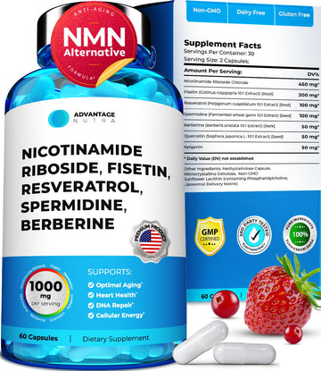 AdvantageNutra Liposomal Nicotinamide Riboside NR Supplement Resveratrol NAD : Nicotinamide 500mg w/Fisetin, Resveratrol Powder Spermidine Berberine NAD Resveratrol Supplement 500 mg - 60 caps 1 Pack AdvantageNutraAu supplements