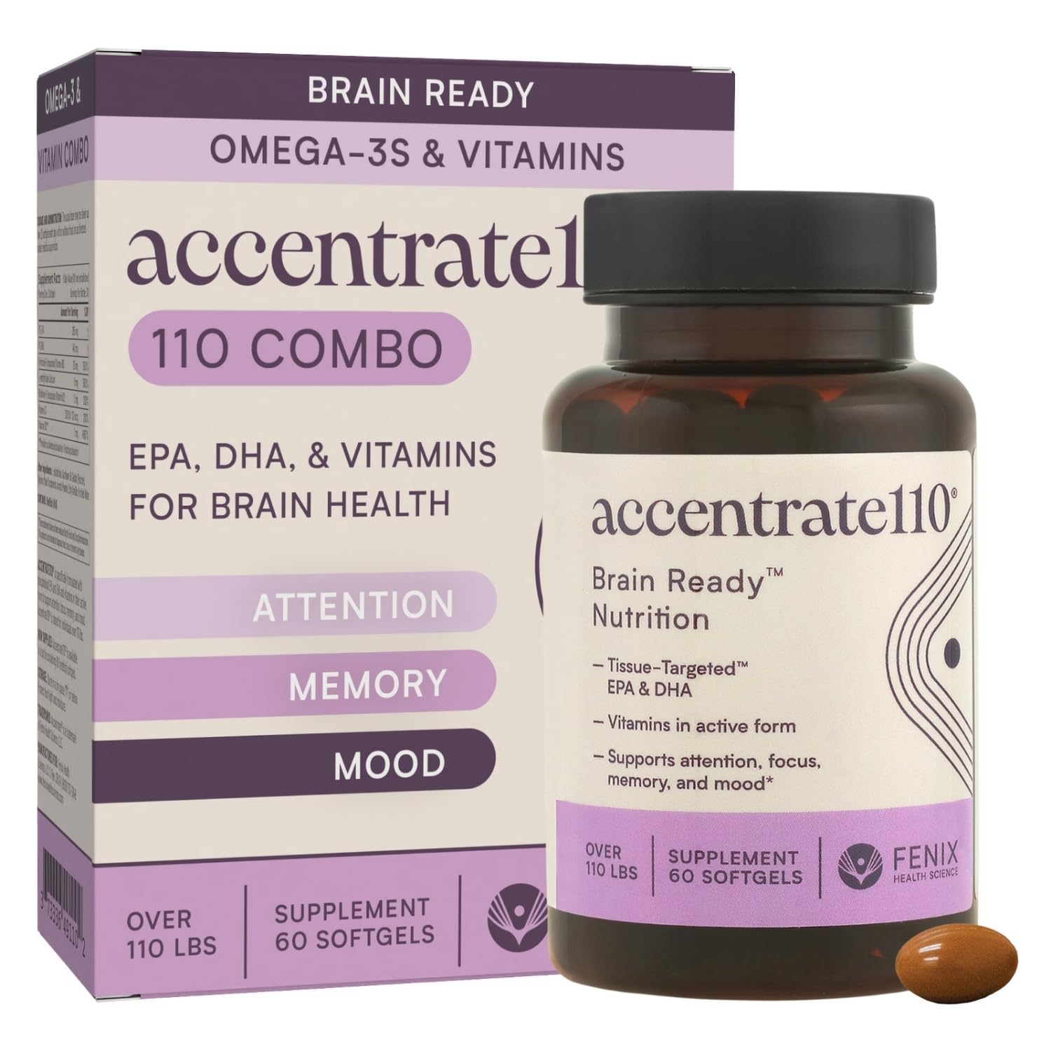 Accentrate110 - Focus Supplement - Methylated Vitamin B Complex with Omega 3 Fatty Acid Supplement - L-Methylfolate, Vitamin B12, P-5-P, Riboflavin, VIT D, – 60 Softgels (1 Month Supply) AccentrateAu supplements