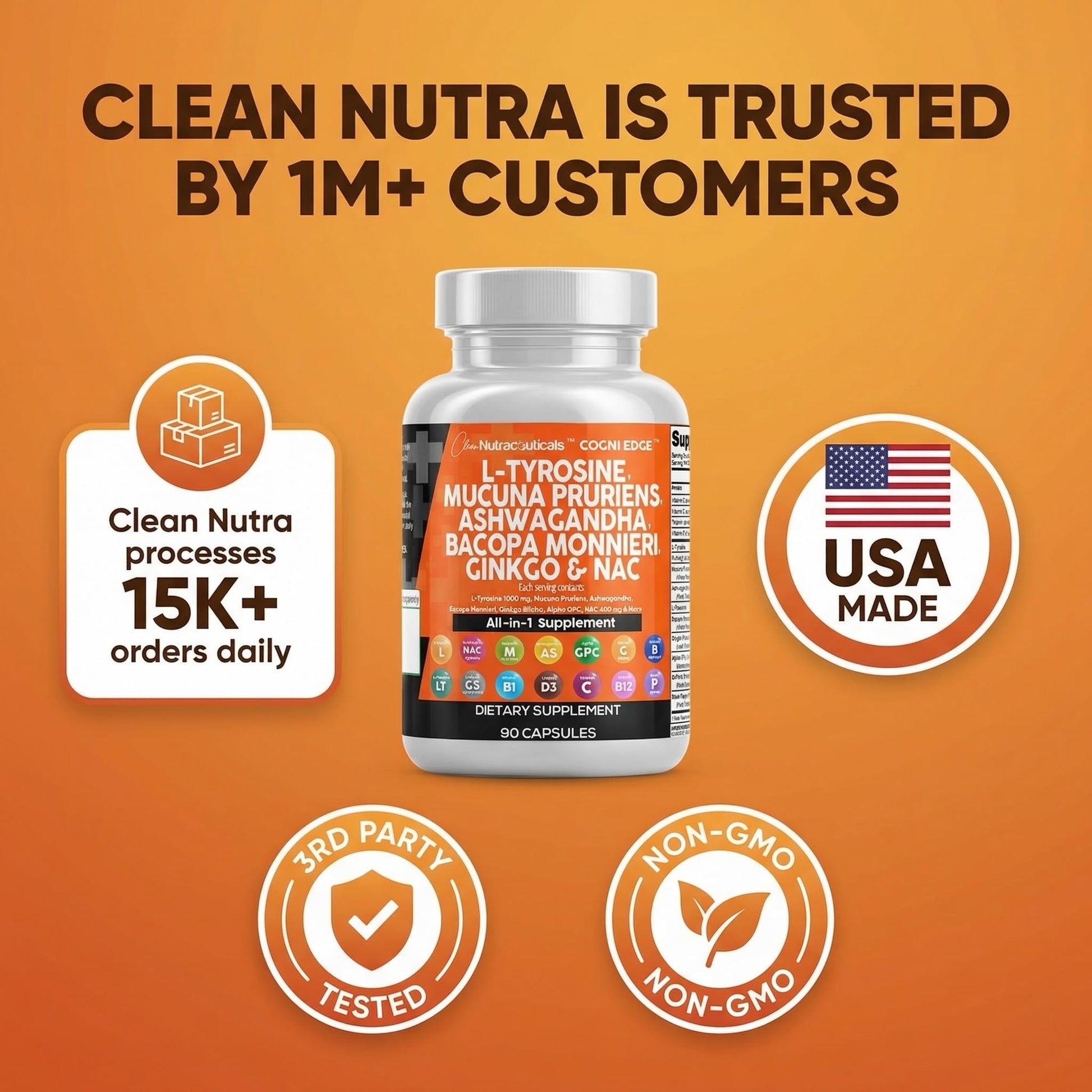 Clean Nutraceuticals L Tyrosine Mucuna Pruriens Bacopa Monnieri Ashwagandha Focus Supplement w/N-Acetyl Cysteine NAC 5-HTP Ginkgo Biloba Alpha GPC Vitamin C D B1 B12 Clean NutraceuticalsAu supplements