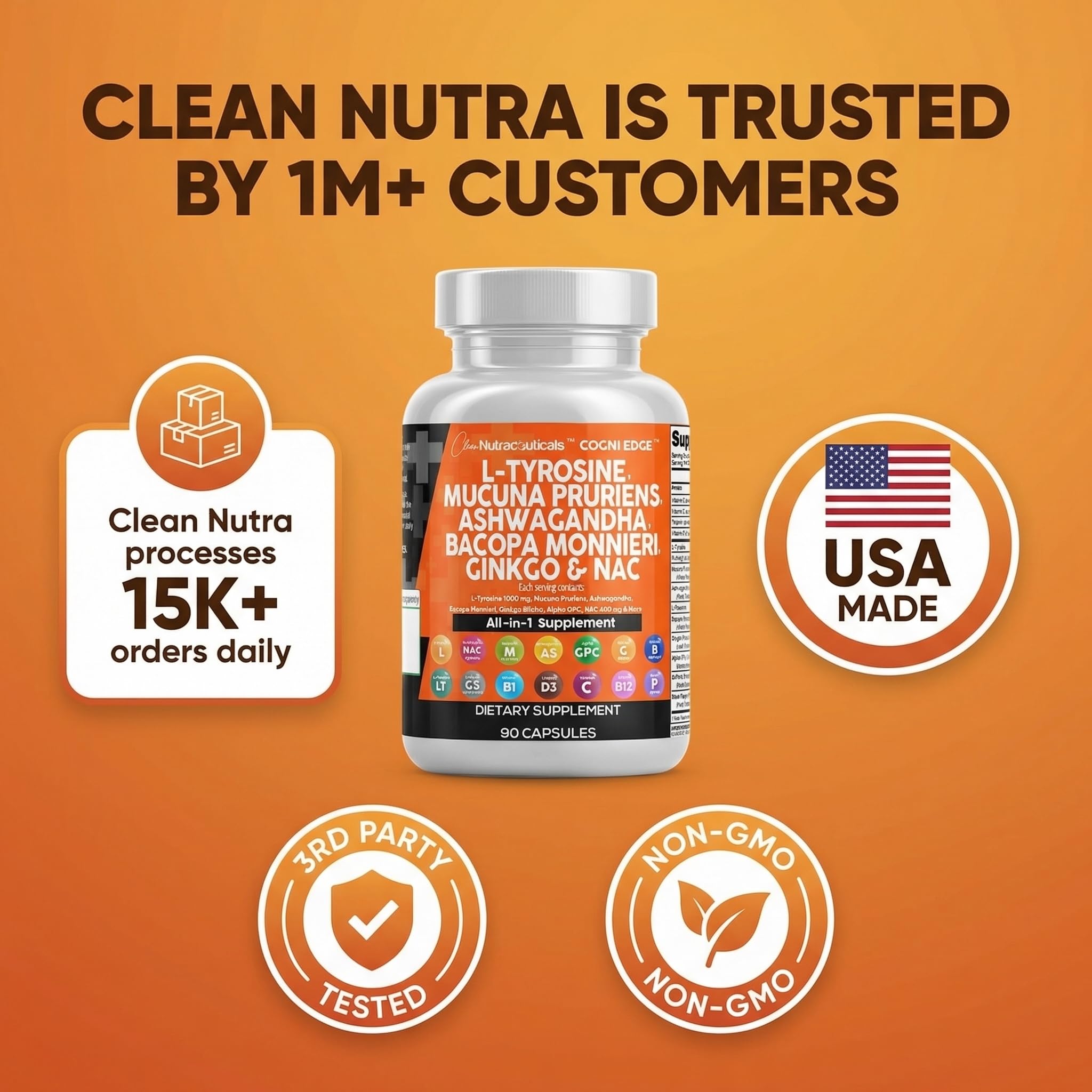 Clean Nutraceuticals L Tyrosine Mucuna Pruriens Bacopa Monnieri Ashwagandha Focus Supplement w/N-Acetyl Cysteine NAC 5-HTP Ginkgo Biloba Alpha GPC Vitamin C D B1 B12 Clean NutraceuticalsAu supplements