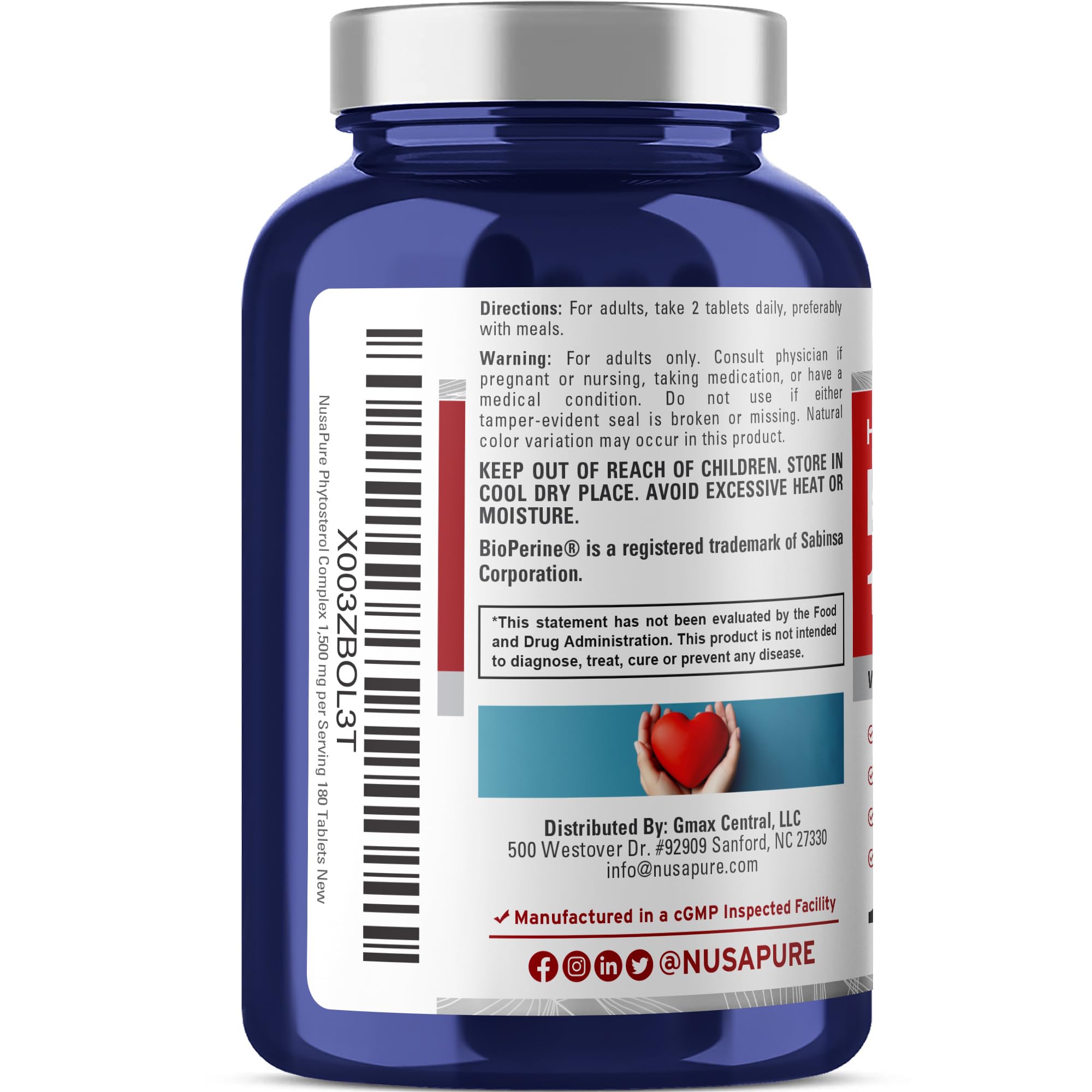 NusaPure Plant Sterols 1500 mg - 180 Tablets (Non-GMO, Vegan) Beta Sitosterol, Bioperine NusaPureAu supplements
