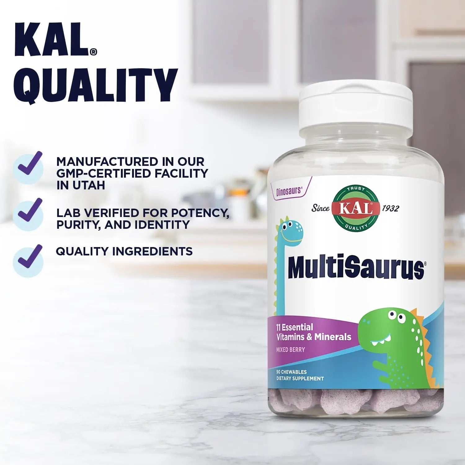 KAL MultiSaurus Kids Chewable Multivitamins, 11 Essential Vitamins and Minerals for Kids, Mixed Berry Flavor, Gluten and Preservative Free KALAu supplements