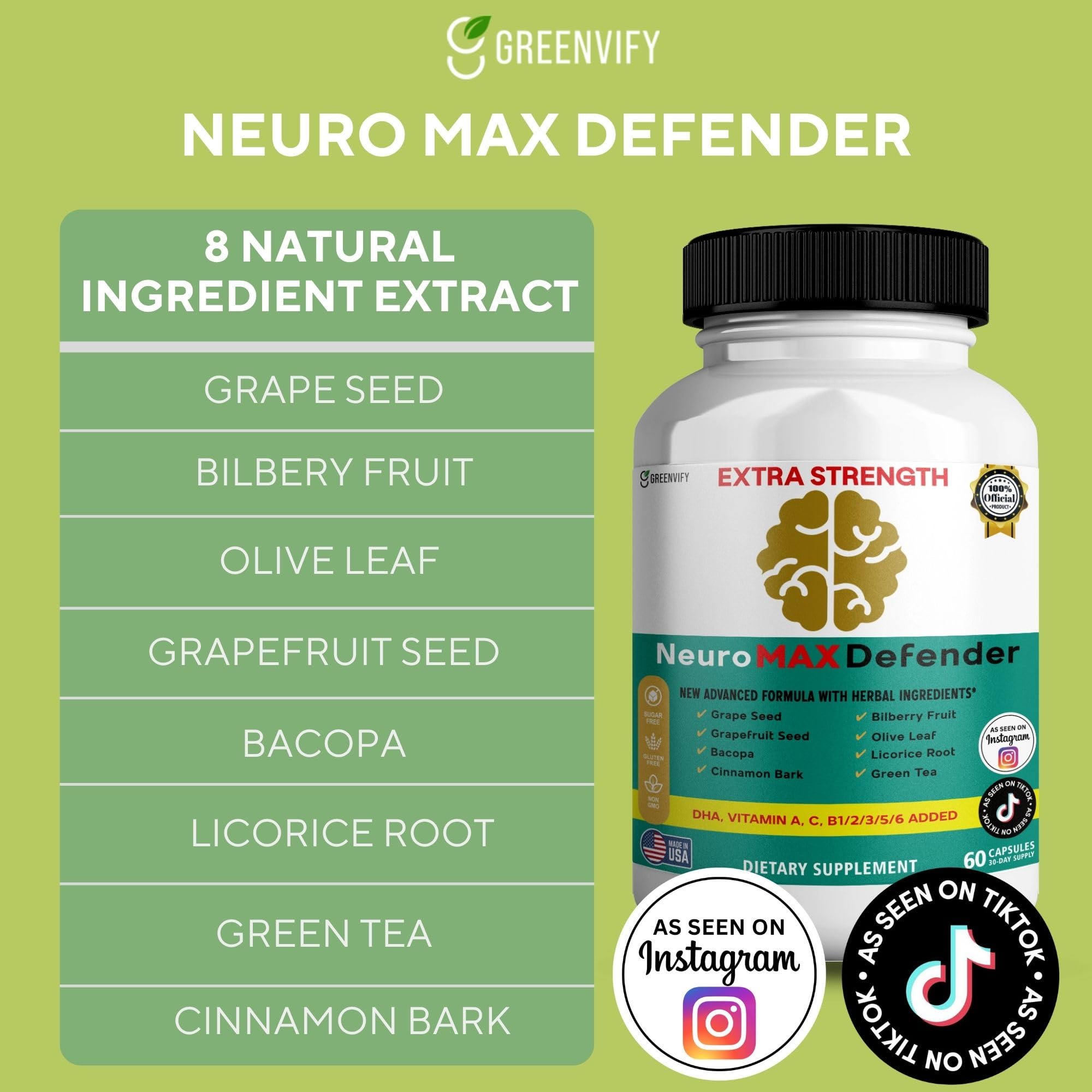 GREENVIFY NeuroMAX Defender Extra Strength Brain Support Supplement with Herbal Blend, 60 Capsules, DHA, B12, Vitamins A C D E, Selenium, 30-Day Supply (1) GREENVIFYAu supplements