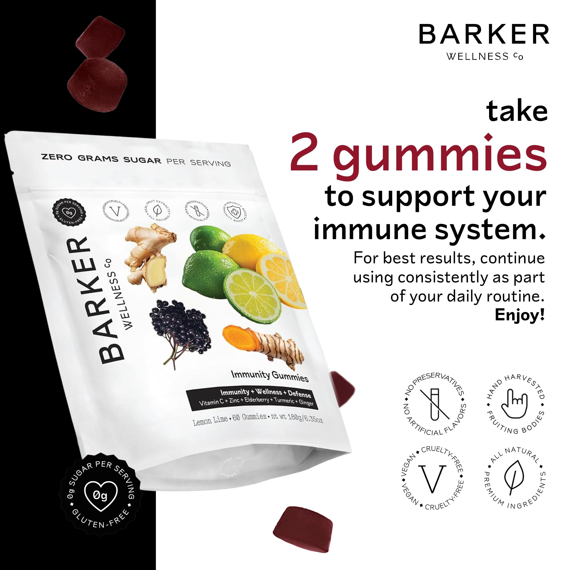 Barker Wellness Immunity Gummies with Vitamin C, Zinc, Elderberry, Turmeric & Ginger for Daily Immune Support | Vegan, Sugar-Free, Lemon-Lime Flavor | Seasonal Wellness Essentials, 60 Count Barker Wellness CoAu supplements