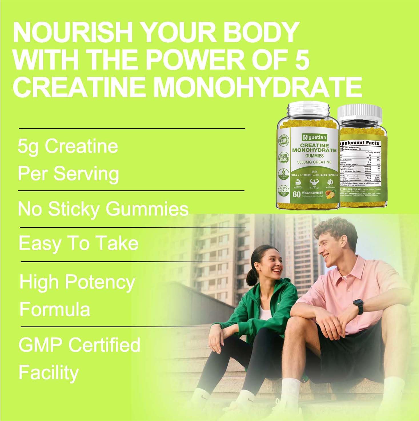 Riyuetian Creatine Monohydrate Gummies, Creatine for Men & Women, Chewable Creatine for Enhancing Focus and Endurance, 5g Creatine per Serving, Sugar-Free, 60 Count RiyuetianAu supplements
