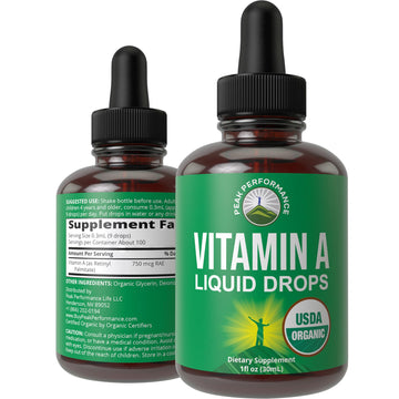 USDA Organic Vitamin A Liquid Drops Supplement. Vegan High Bioavailability for Eye, Skin + Bone Health. for Adults, Men, Women, Kids. Vit A Oil Retinyl Palmitate. Gluten Free, Zero Sugar. 100 Servings Peak PerformanceAu supplements