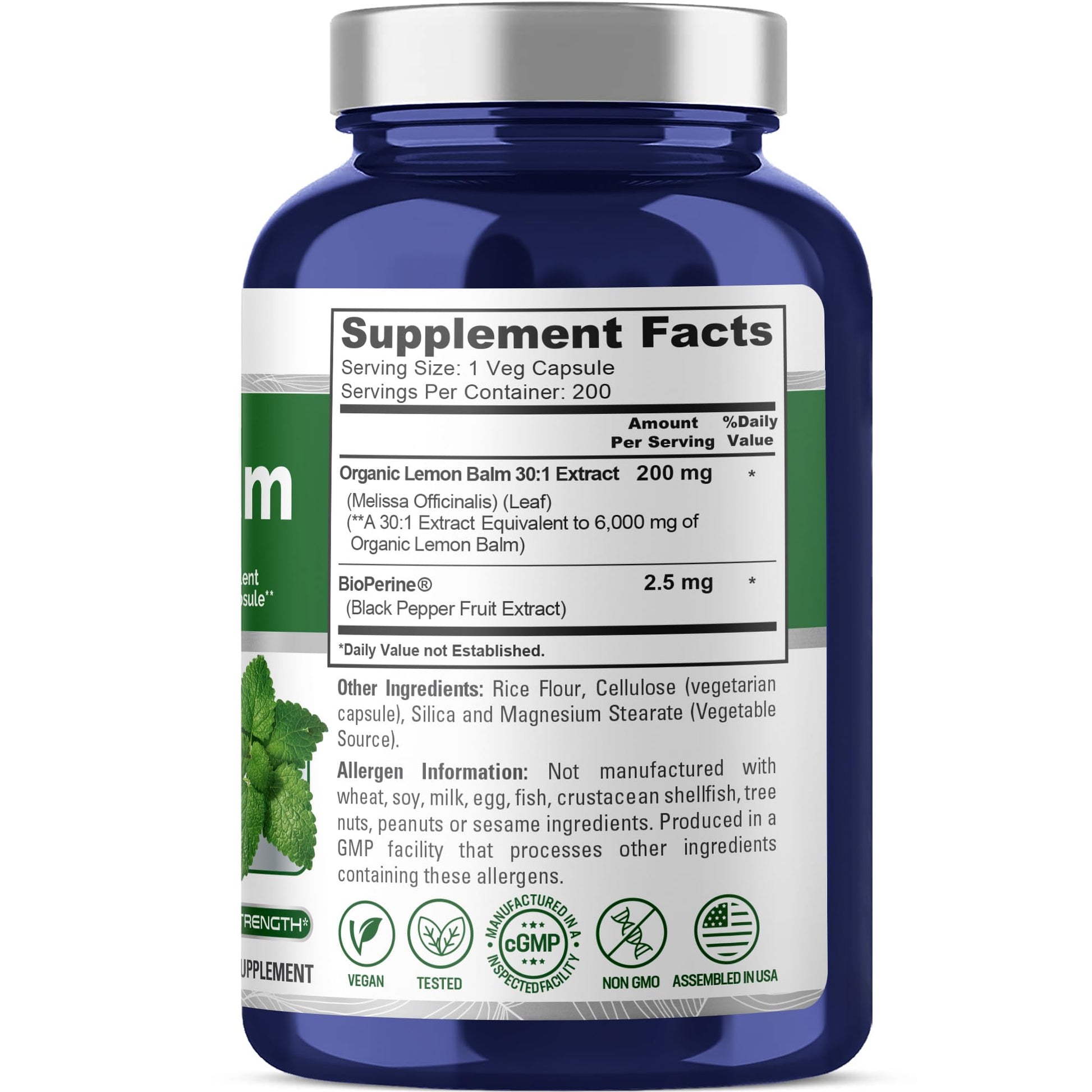 NusaPure Lemon Balm 30:1 Extract, 200 mg Equivalent to 6000mg Per Vegan Caps - 200 Count Non-GMO, Vegan Bioperine NusaPureAu supplements