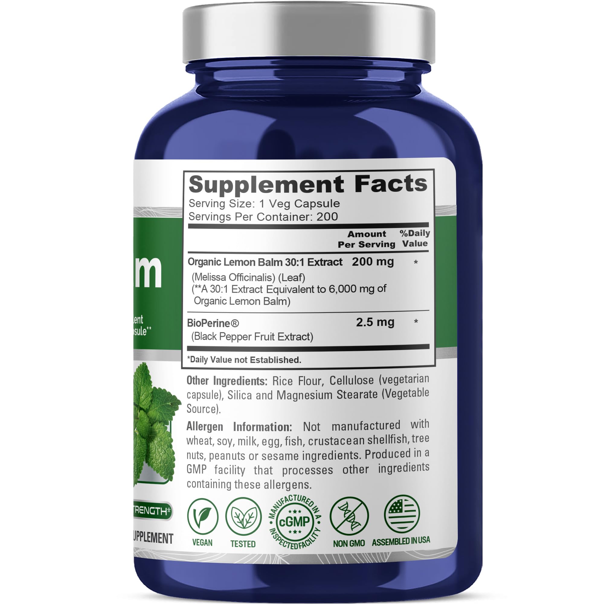 NusaPure Lemon Balm 30:1 Extract, 200 mg Equivalent to 6000mg Per Vegan Caps - 200 Count Non-GMO, Vegan Bioperine NusaPureAu supplements