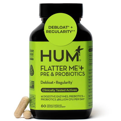 HUM Flatter Me Digestive Enzymes Plus Prebiotics & Probiotics, Digestive Health Bloating Supplement for Women & Men, Fast Acting Anti Bloat Pills Multi Enzyme HUMUS supplements