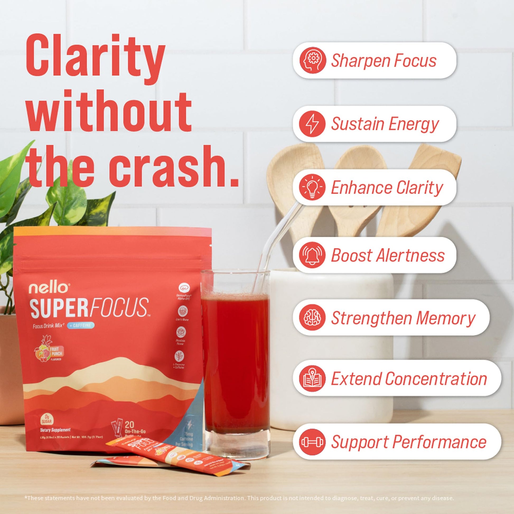 Nello Superfocus – Nootropic Focus Drink Mix for Productivity, Caffeine, L-Theanine, Rhodiola Rosea, Alpha-GPC, Lion’s Mane, Tyrosine, Sugar-Free Packets - With Caffeine (Pack of 20) (20 Servings (Caffeine), Fruit Punch) NelloAu supplements