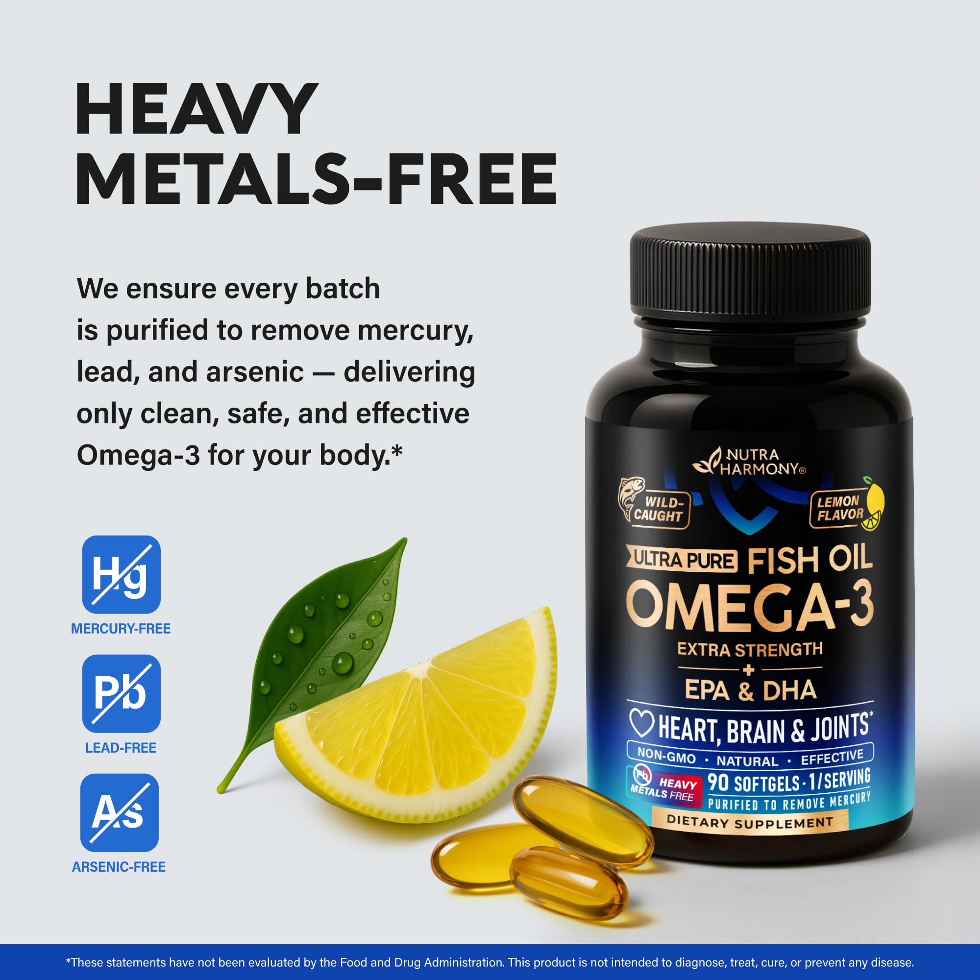 Omega 3 Fish Oil 3600 mg - Omega 3 Supplement | EPA & DHA - Heavy Metals Free - Heart, Brain & Joint Support - Purified Fish Oil for Men & Women - Lemon Flavored - Made in USA, 90 Softgels NUTRAHARMONYAu supplements
