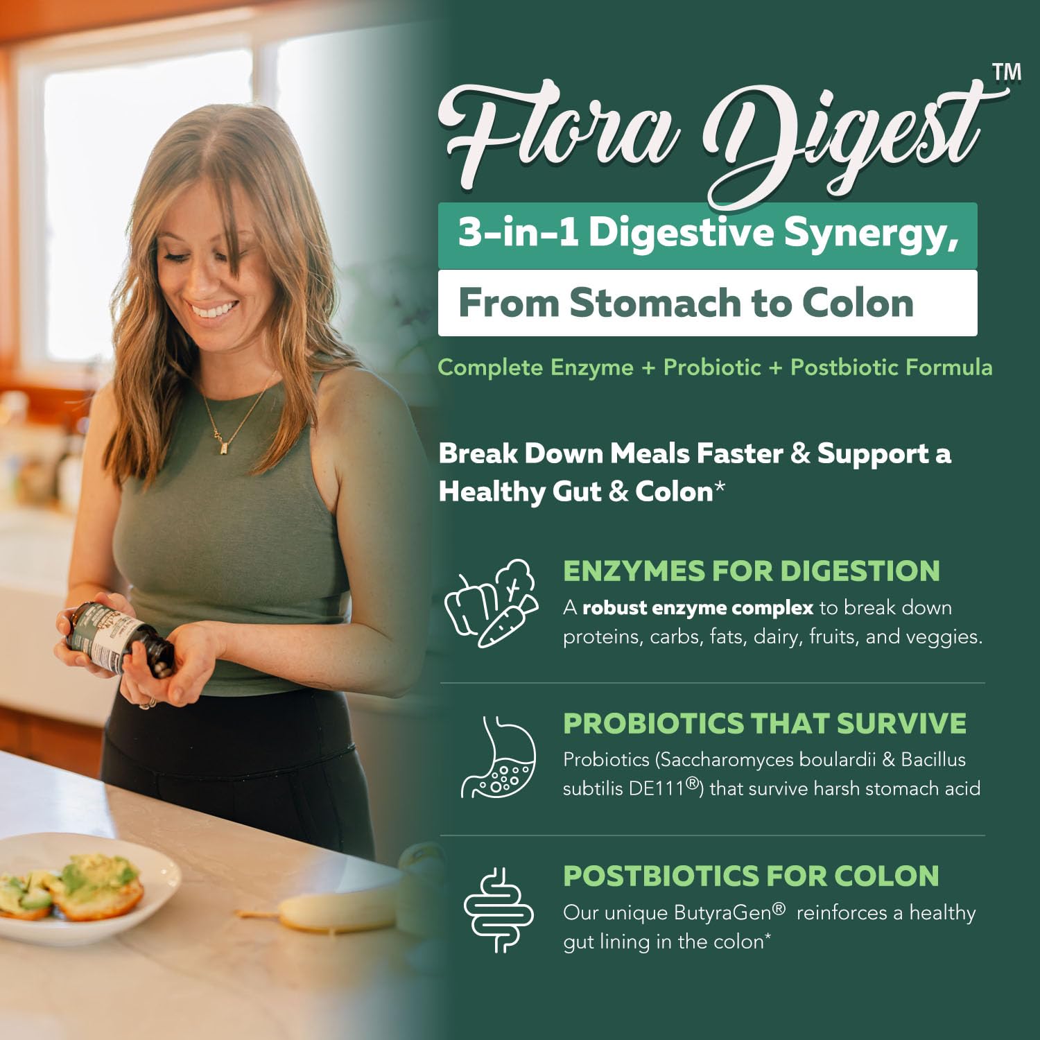 Flora Digest - 3-in-1 Max Strength Digestive Enzymes + Gut Surviving Probiotics & ButyraGen® Postbiotic for Optimal Digestion, Bloating Relief, Regularity, Gut Lining & Colon Support - (30 Capsules) Triquetra HealthAu supplements