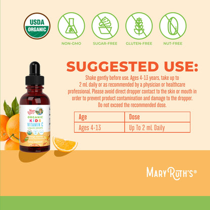 MaryRuth Organics USDA Kids Vitamin C Drops | Vegan Immune Support Supplement for Ages 4-13 | Immune Support & Overall Health | Vitamin C from Organic Acerola Fruit Extract | 2oz MARYRUTH'SUS supplements