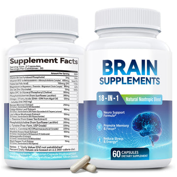 18-in-1 Brain Supplement for Memory and Focus – Nootropic Capsules with Alpha GPC, Bacopa, Ginkgo Biloba, Lion's Mane, Vitamin B6 & B12 | Cognitive Health, Mental Clarity | Vegan, Non-GMO FenolutraAu supplements