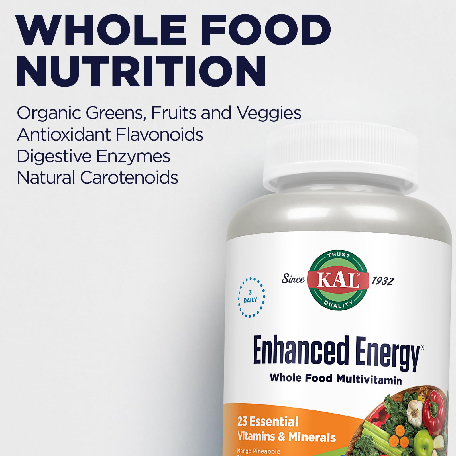 KAL Enhanced Energy Supplements, Whole Food Chewable Multivitamin with Iron, 3 Daily, 23 Essential Vitamins and Minerals, Super Foods, Enzymes, Mango Pineapple Flavor, 60-Day Guarantee, 20 Serv, 60ct KALAu supplements