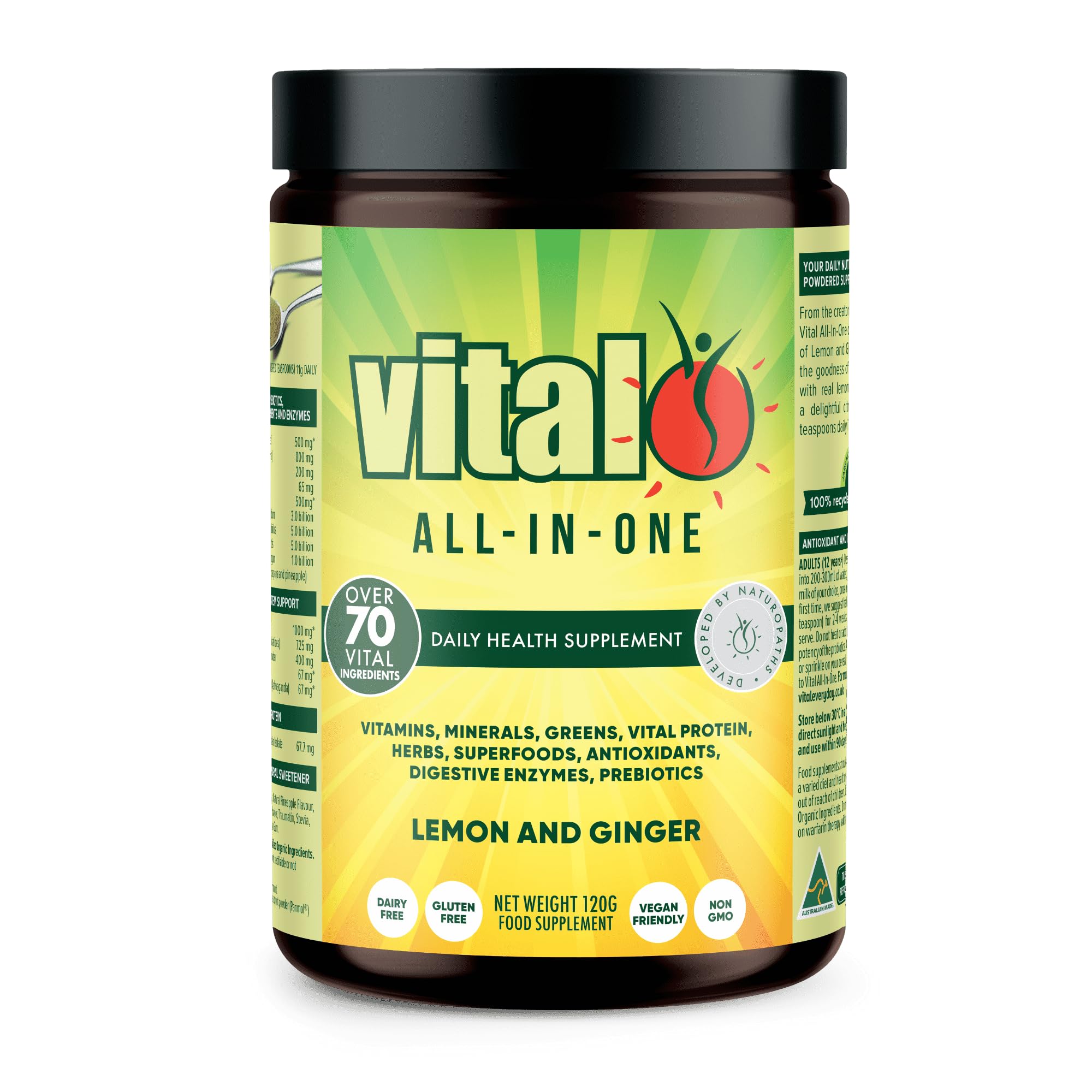 Vital All-in-One Daily Powdered Supplement - Natural Greens Superfood Powder for Energy & Health, Super Greens Powder Drink Mix with Probiotic & Antioxidant Support - Lemon & Ginger, 4.23 oz (120 g) VitalAu supplements