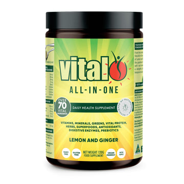 Vital All-in-One Daily Powdered Supplement - Natural Greens Superfood Powder for Energy & Health, Super Greens Powder Drink Mix with Probiotic & Antioxidant Support - Lemon & Ginger, 4.23 oz (120 g) VitalAu supplements