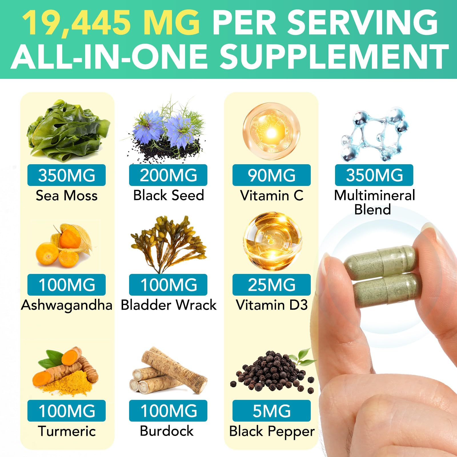 Sea Moss Black Seed Oil Ashwagandha Ginger Capsules, Seamoss Capsules Supplement with Bladderwrack Burdock & Vitamin C Vitamin D3 for Women & Men-Enhanced Immunity,60 Counts VceeoyAu supplements