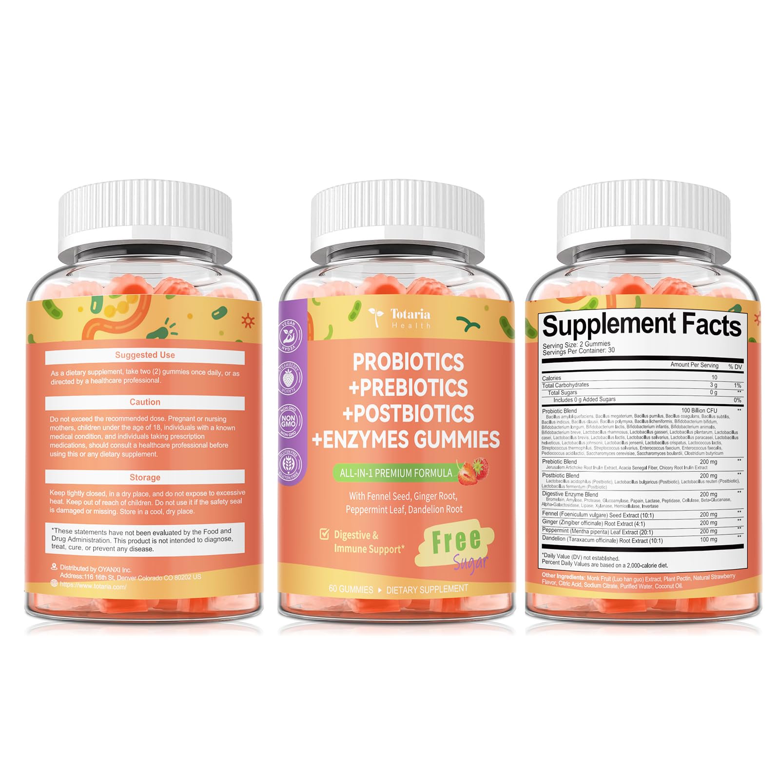 (2 Packs) Totaria Sugar Free 5-in-1 Probiotic Prebiotic Postbiotic Gummy, Probiotics for Women Men with Digestive Enzymes, Peppermint, Complete Immune, Gut & Digestive Support, Vegan Strawberry Flavor TotariaAu supplements