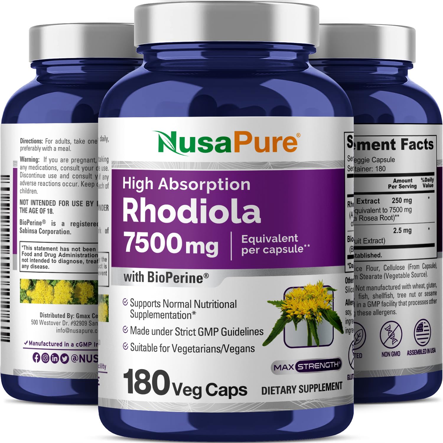 NusaPure Rhodiola Rosea 7,500mg 180 Veggie Capsules (Non-GMO, Extract 30:1, Vegan & Gluten-Free) Bioperine NusaPureAu supplements