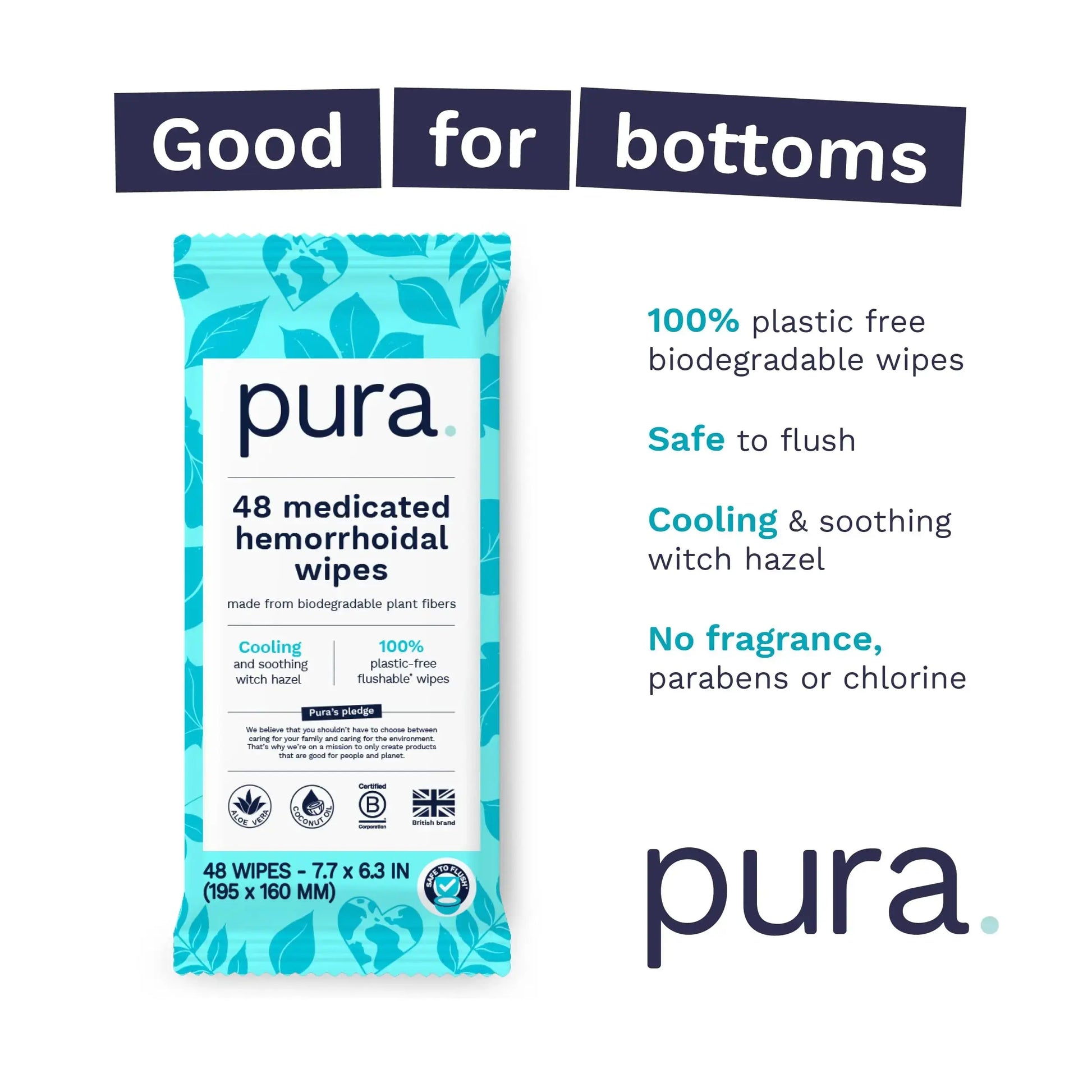 Pura Flushable Hemorrhoid Wipes XL, 48 Count, Medicated with Cooling Witch Hazel, Aloe & Coconut Oil, Fast Relief, Fragrance-Free, 100% Plastic-Free PuraAu supplements