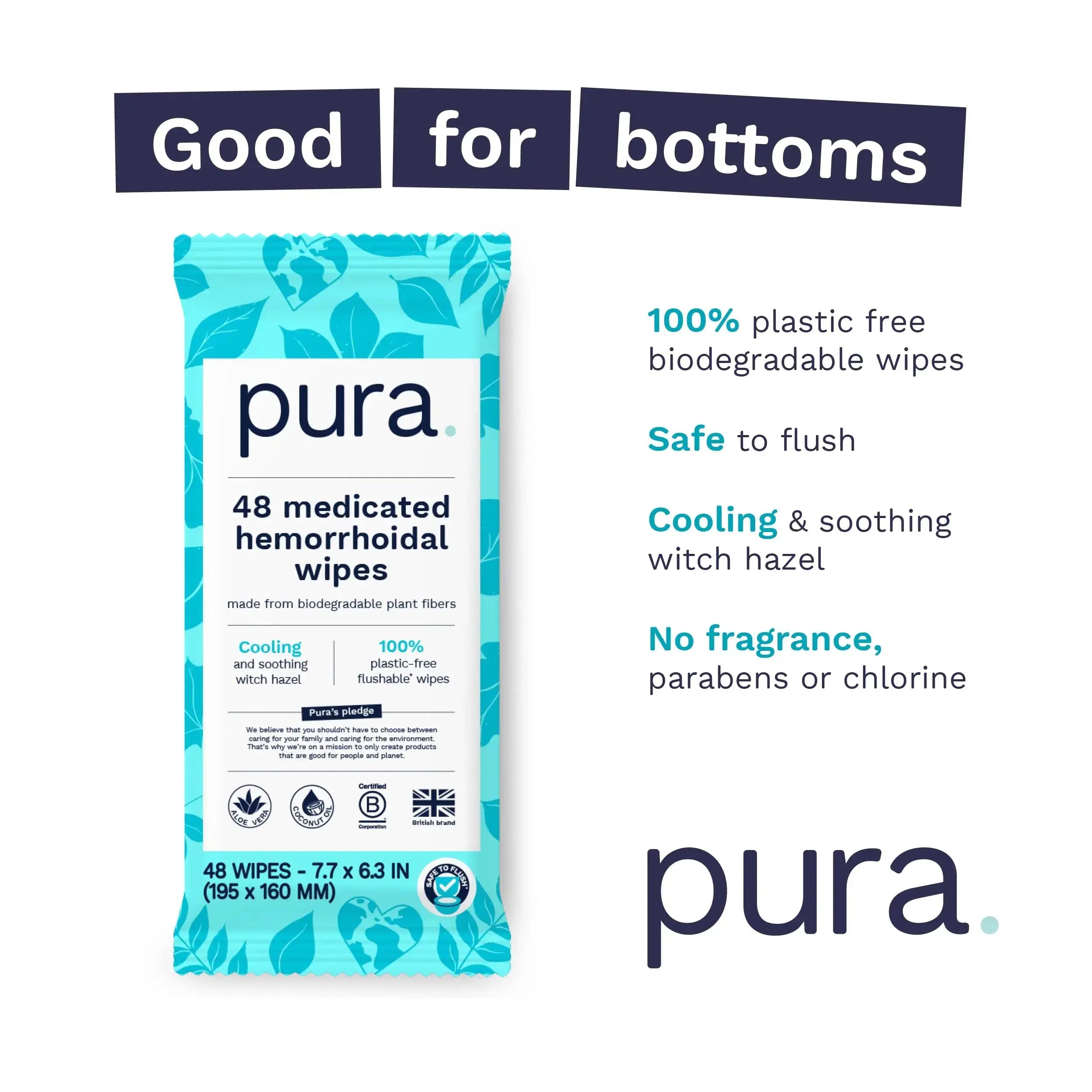 Pura Flushable Hemorrhoid Wipes XL, 48 Count, Medicated with Cooling Witch Hazel, Aloe & Coconut Oil, Fast Relief, Fragrance-Free, 100% Plastic-Free PuraAu supplements