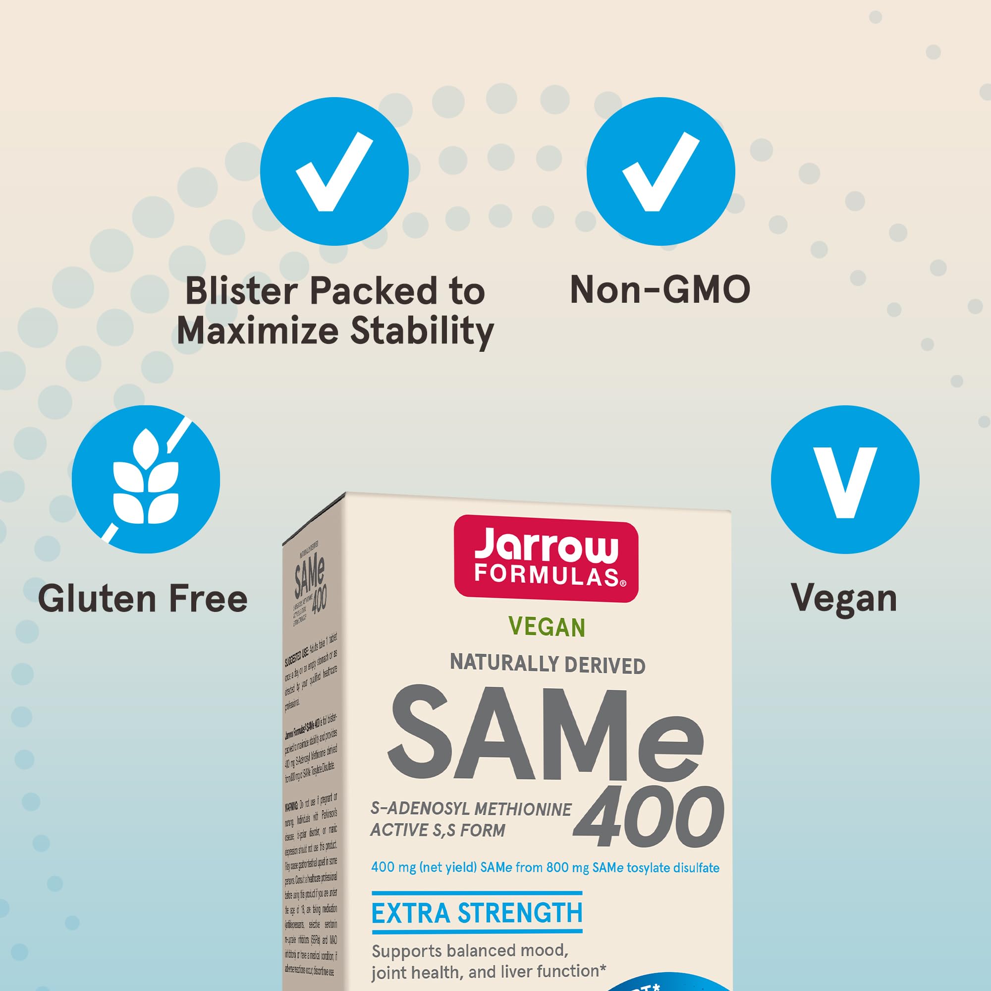 Jarrow Formulas SAMe Supplement 400 mg - 60 Tablets - High Concentration of Active S,S Form - Supports Joint Health, Liver Function, Brain Metabolism, Balanced Mood & Antioxidant Defense - 60 Servings Jarrow FormulasAu supplements