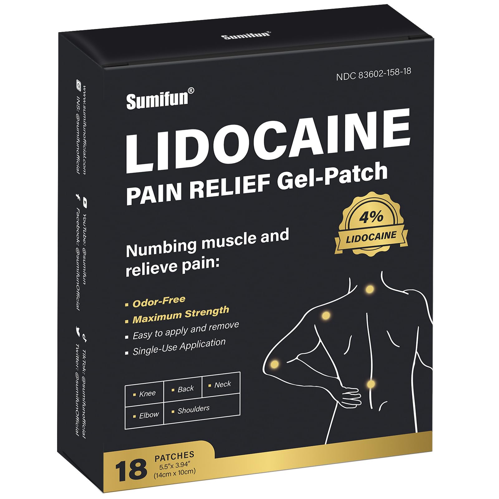 Sumifun 4% Lidocaine Pain Relief Patches - 18 Count Patches for Back, Shoulder, Muscle, Joints, Knee Pain Relief - Lower Back Pain Relief Products - Pain Patches Maximum Strength Lidocaine SumifunAu supplements