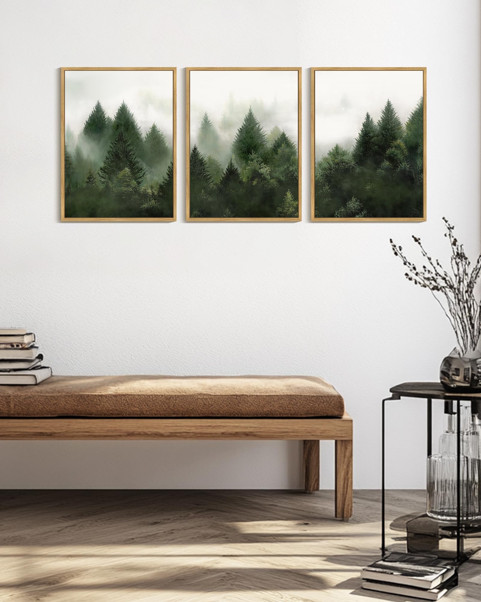KUVIOKE Morden Green Fog Pine Tree Framed Canvas Wall Art Nature Nordic Forests Artwork Painting Bedroom Decor 12x16in (Natural Framed) KUVIOKEAu supplements