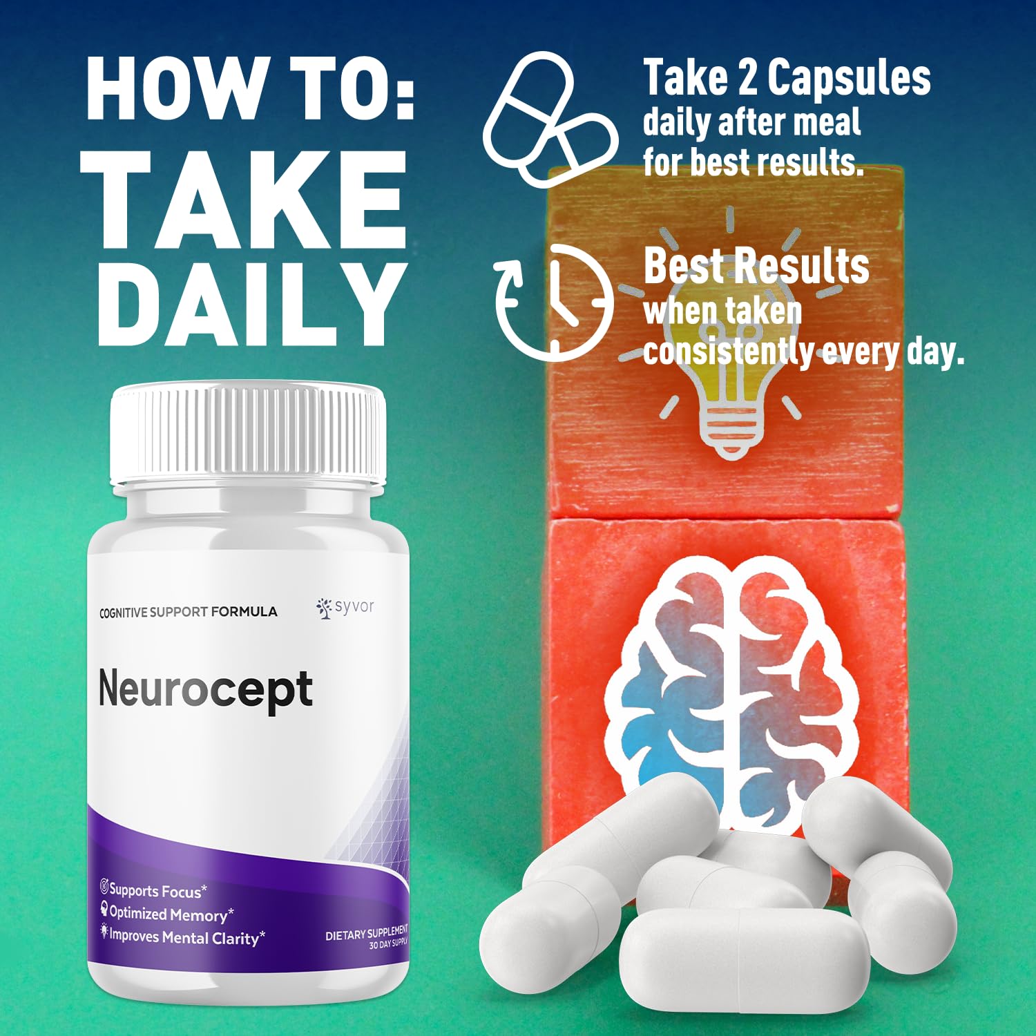 Neurocept Capsules, Official Neurocept Brain Supplement Pills with All Natural Ingredients, Advanced Formula Support Pills with Maximum Strength Premium Vitamins for Women and Men (60 Capsules) SyvorAu supplements