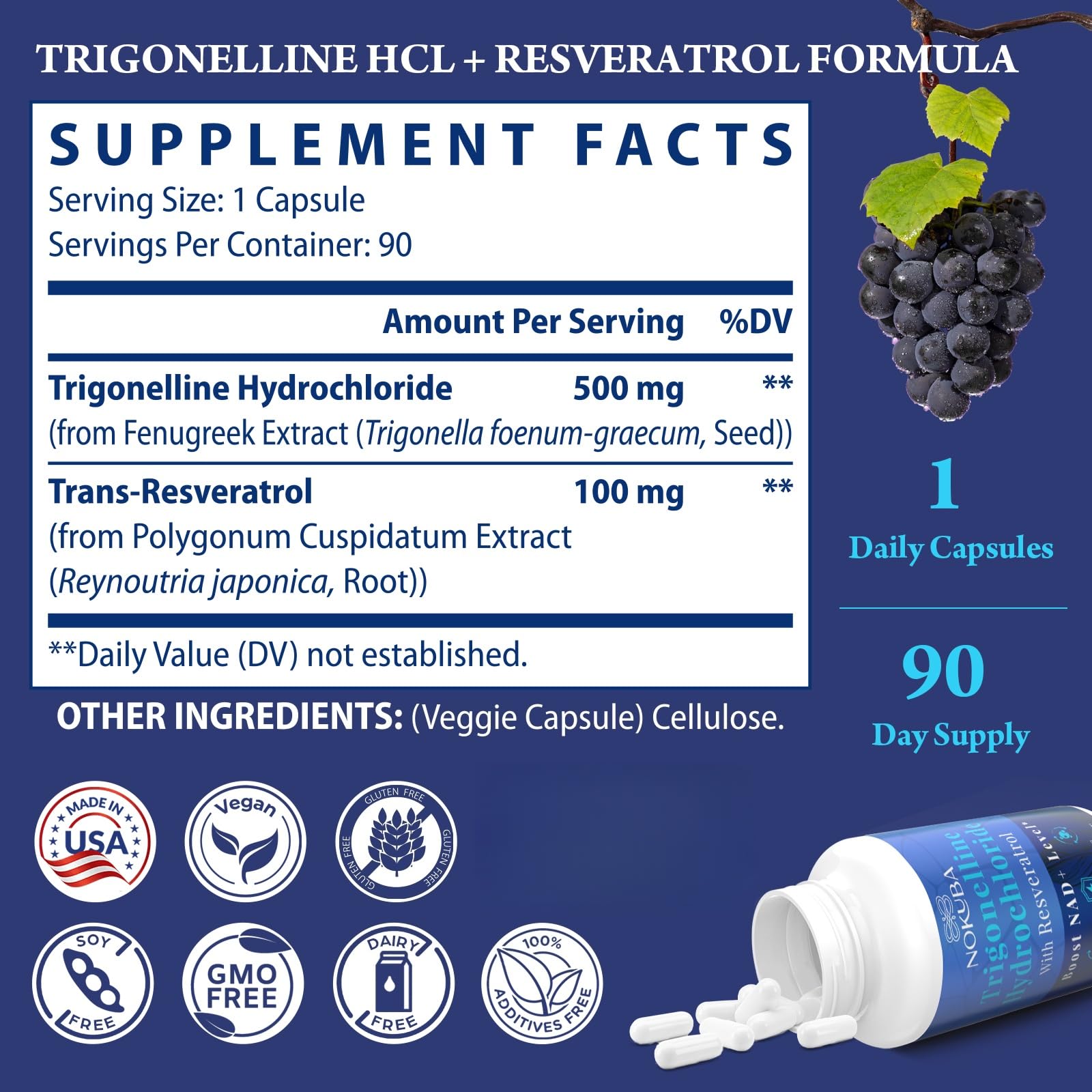 Nokuba NAD Supplement - NMNH Alternative with Trigonelline HCL 500mg & Resveratrol - NAD+ Precursors Plant Extraction - Support Cellular Energy & Healthy Aging & Brain for Women & Men - 90 Capsules NokubaAu supplements
