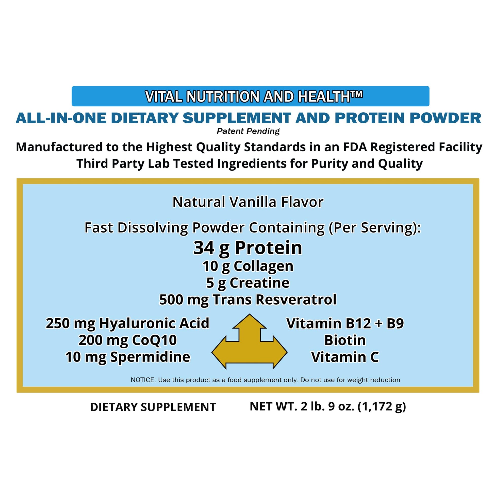 Vital Nutrition and Health All-in-One Powder: Protein, Collagen, Creatine, Resveratrol, Spermidine, Hyaluronic Acid, CoQ10 + Key Vitamins Vital Nutrition and HealthAu supplements