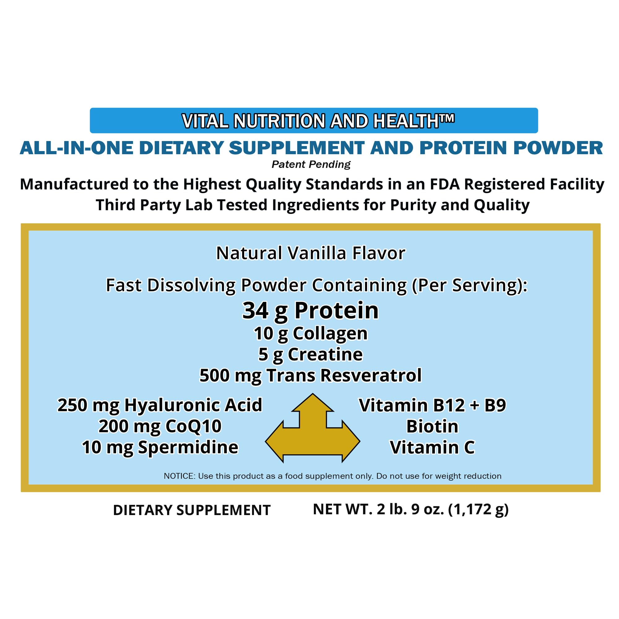 Vital Nutrition and Health All-in-One Powder: Protein, Collagen, Creatine, Resveratrol, Spermidine, Hyaluronic Acid, CoQ10 + Key Vitamins Vital Nutrition and HealthAu supplements