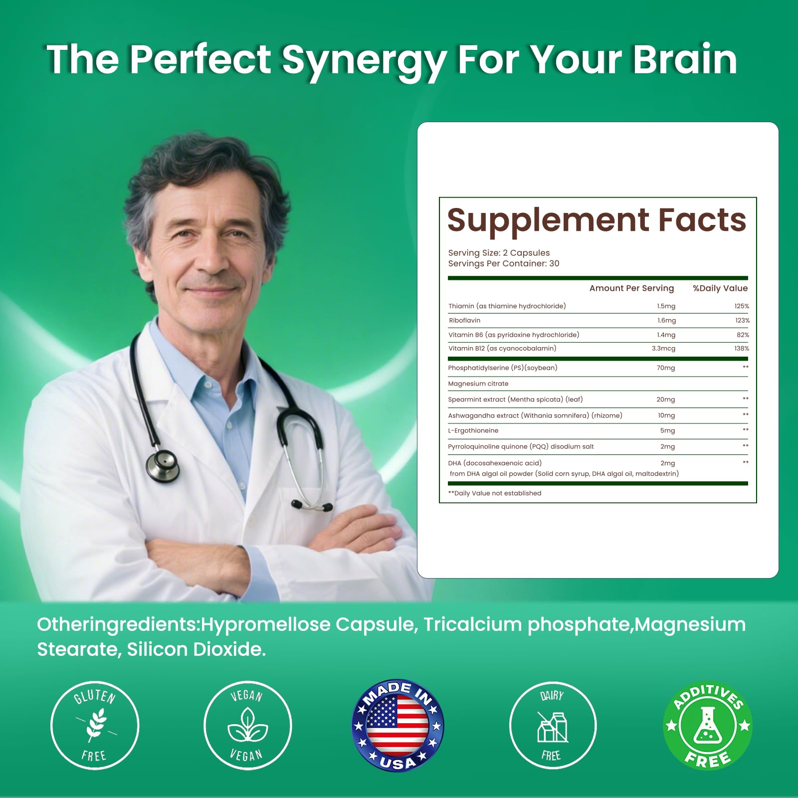 PhosphatidylSerine Memory & Focus Supplement with DHA, Spearmint, Magnesium & Ashwagandha – Brain Clarity, Stress Relief & Cognitive Support – Gluten-Free Vegan, 60 Capsules LIFEFRIENDAu supplements