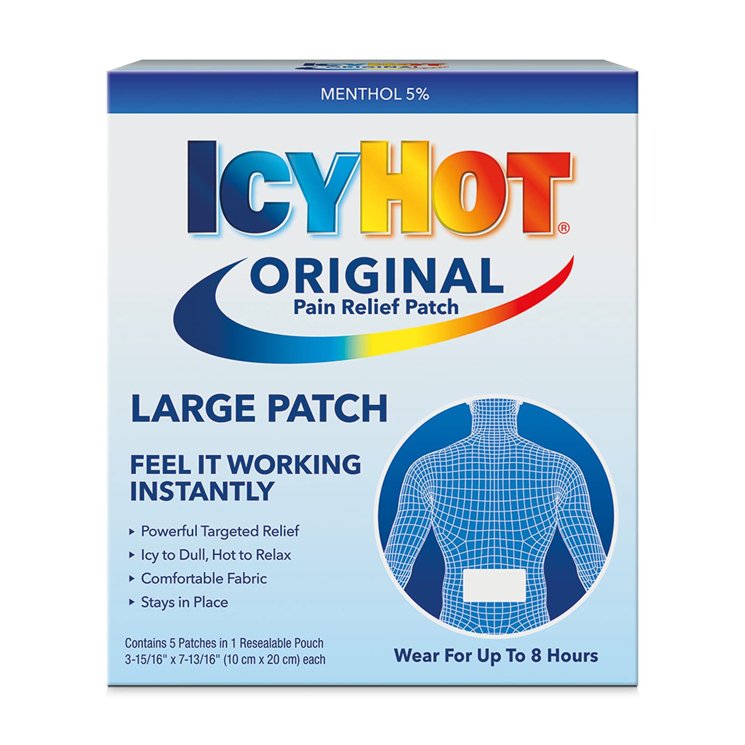 Icy Hot Original Pain Relief Patch, Large Size Comfortable Fabric Patches with Menthol 5%, Ice and Heat Contrast Therapy for Backaches, Joints, Muscle Strains and Arthritis, 5 ct. Icy HotAu supplements