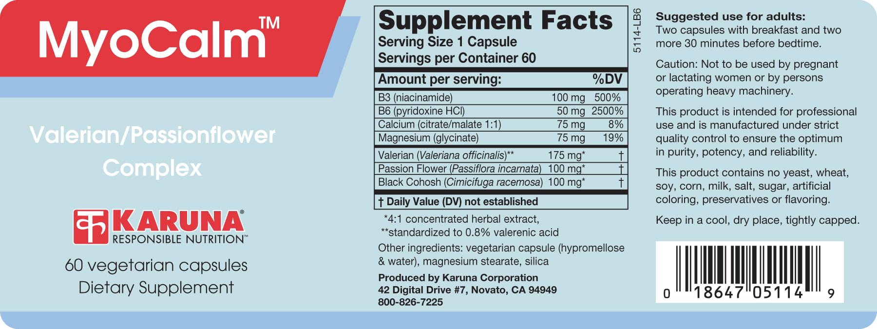 MyoCalm 60 Vegetarian Capsules | Valerian 175mg, Passion Flower 100mg, Black Cohosh 100mg, Calcium 75mg, Magnesium 75mg, b3(niacinamide), b6(Pyridoxine HCI) KarunaAu supplements
