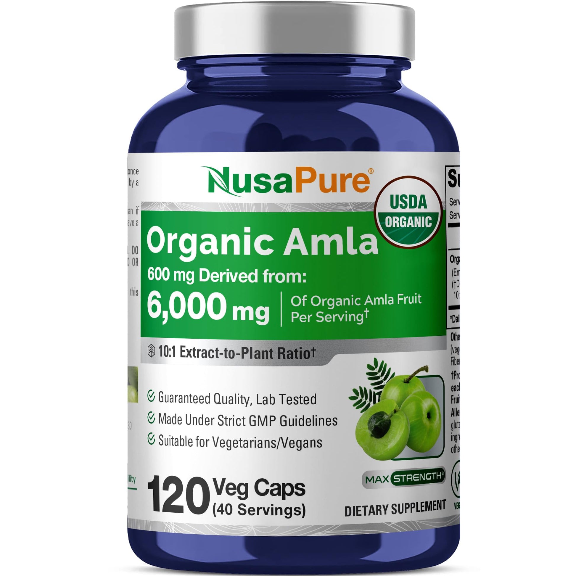 NusaPure Organic Amla Capsules 10:1 Extract, 600 mg Equivalent to 6,000mg | 120 Count | Amalaki Fruit | USDA, Vegan, Non-GMO Supplement NusaPureAu supplements