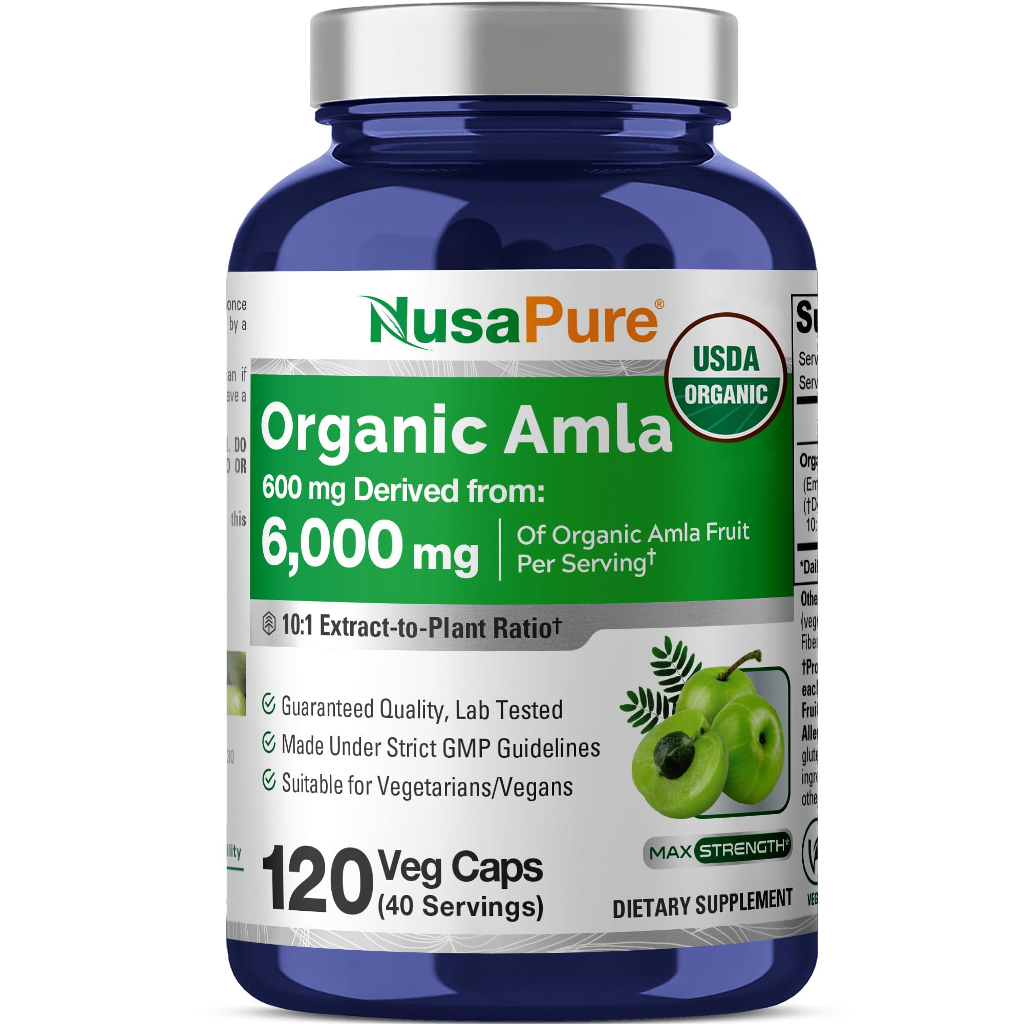 NusaPure Organic Amla Capsules 10:1 Extract, 600 mg Equivalent to 6,000mg | 120 Count | Amalaki Fruit | USDA, Vegan, Non-GMO Supplement NusaPureAu supplements