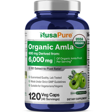 NusaPure Organic Amla Capsules 10:1 Extract, 600 mg Equivalent to 6,000mg | 120 Count | Amalaki Fruit | USDA, Vegan, Non-GMO Supplement NusaPureAu supplements