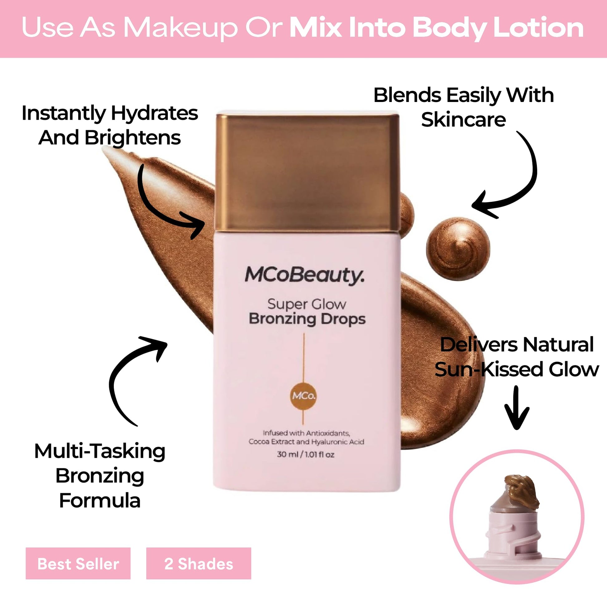 MCoBeauty - Super Glow Bronzing Drops - Effortless Face Tan with Shimmer Formula - Face Care, Bronze Drops - Contains Hyaluronic Acid, White Tea Extract, Cocoa Extract and More MCoBeautyAu supplements