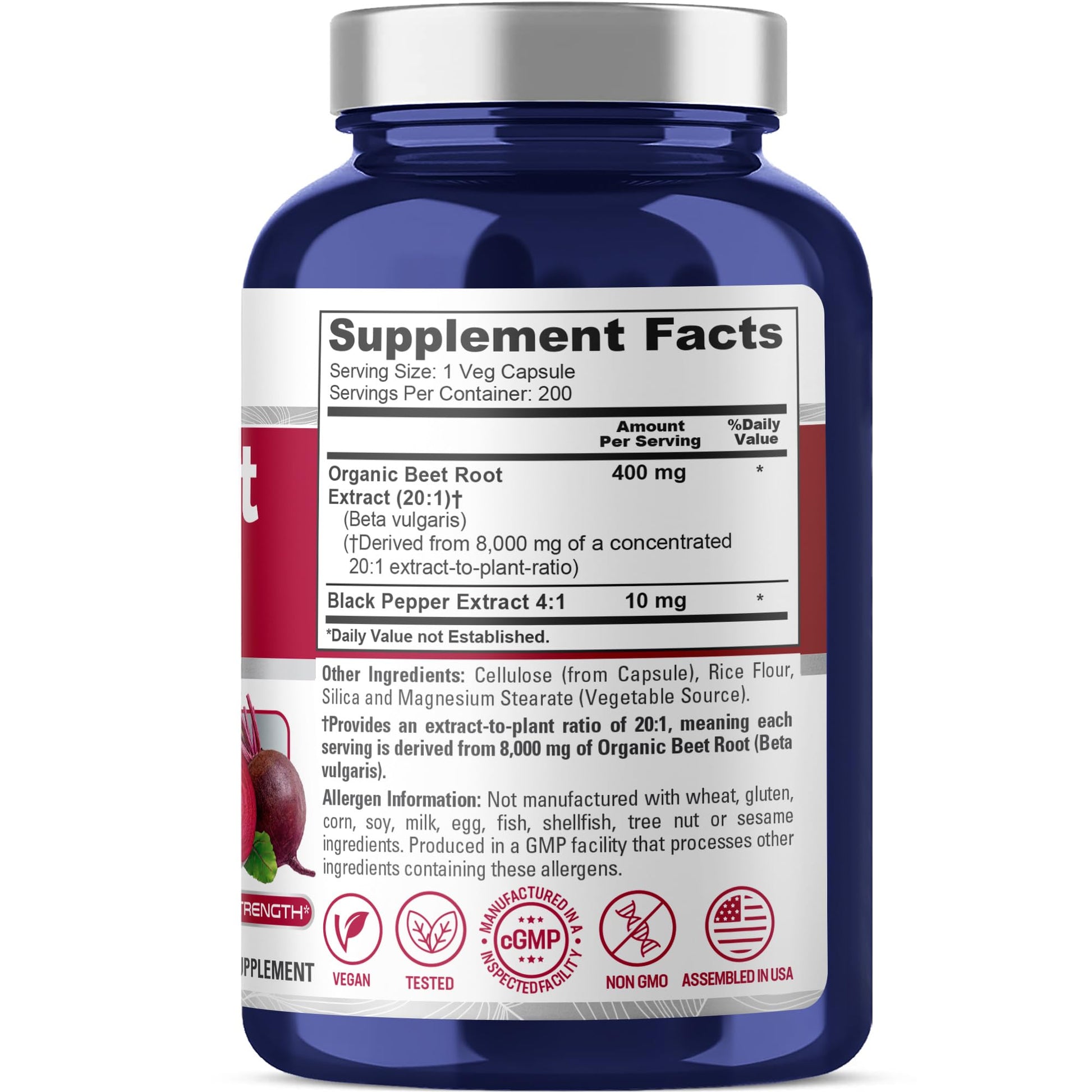 NusaPure Organic Beet Root 20:1 Extract, 400 mg Equivalent to 8,000 mg - Black Pepper 4:1 Extract, 10 mg - 200 Veggie caps (Vegan, Non-GMO) NusaPureAu supplements
