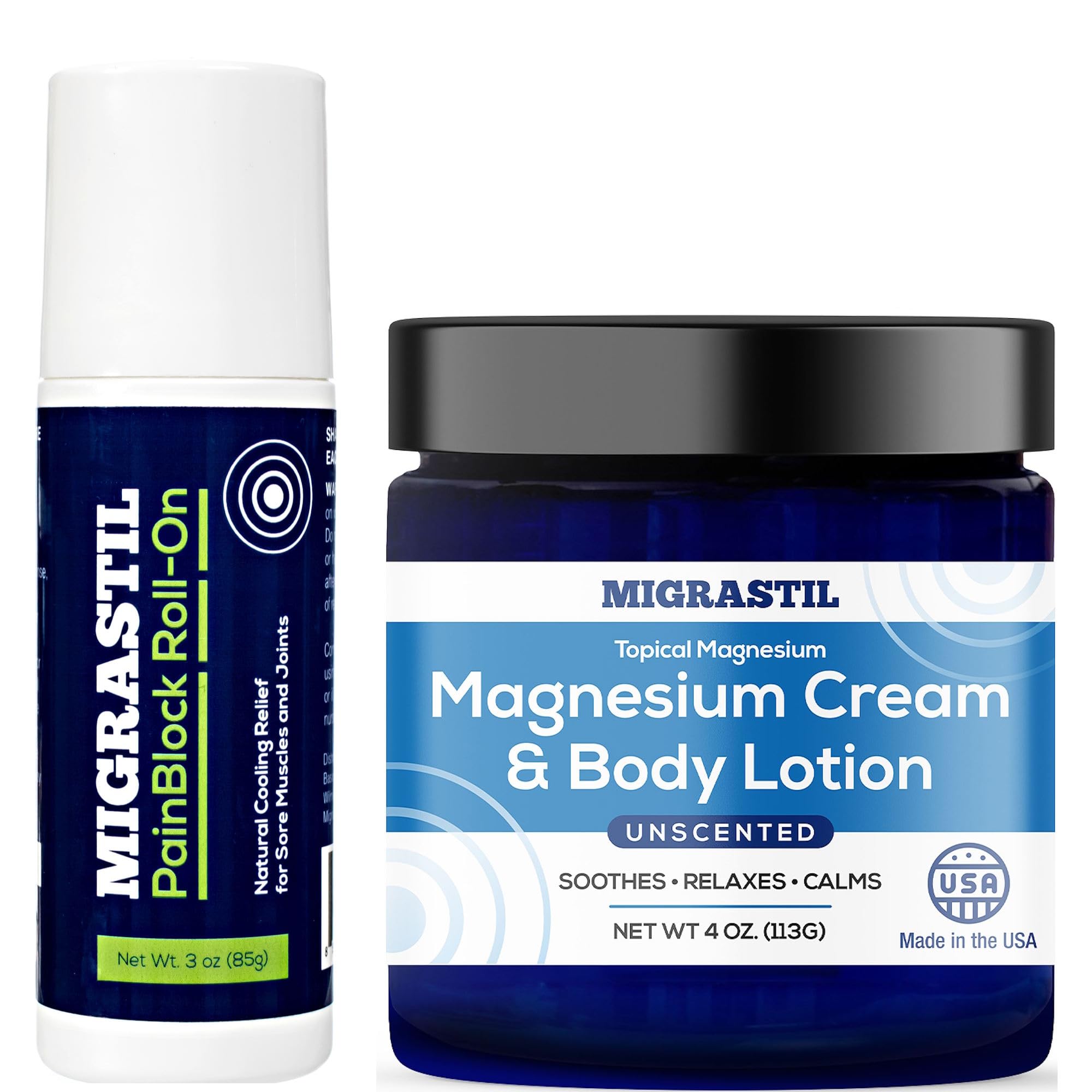Basic Vigor Migrastil PainBlock Roll-On & Unscented Topical Magnesium Cream Bundle. Made in The USA. Basic VigorAu supplements