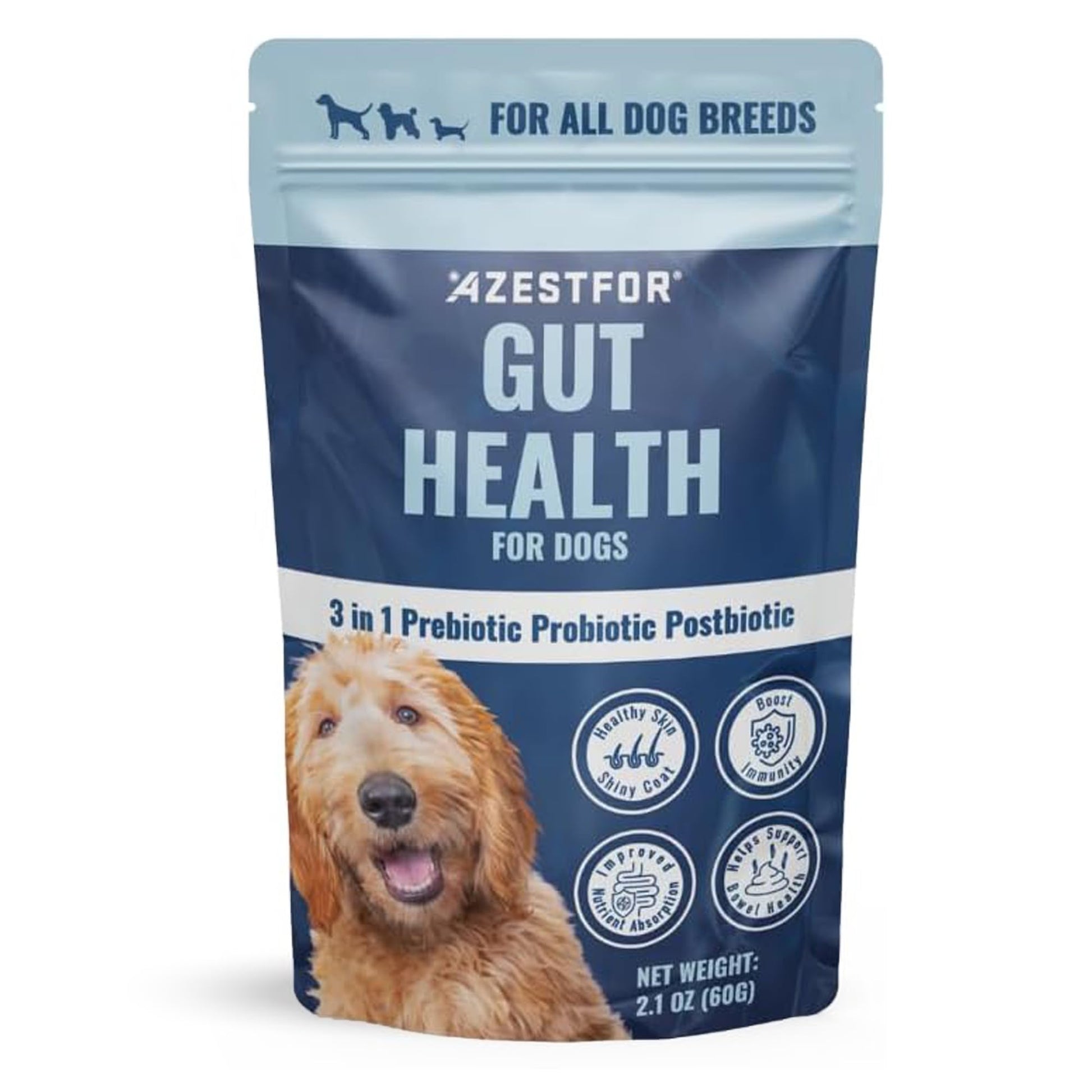 Azestfor Gut Health Supplement for Dogs – 3 in 1 Probiotic, Prebiotic & Postbiotic Blend – Supports Digestion, Immunity & Skin – Easy-to-Use Powder – for All Breeds & Sizes – 60g (30 Servings) AzestforAu supplements