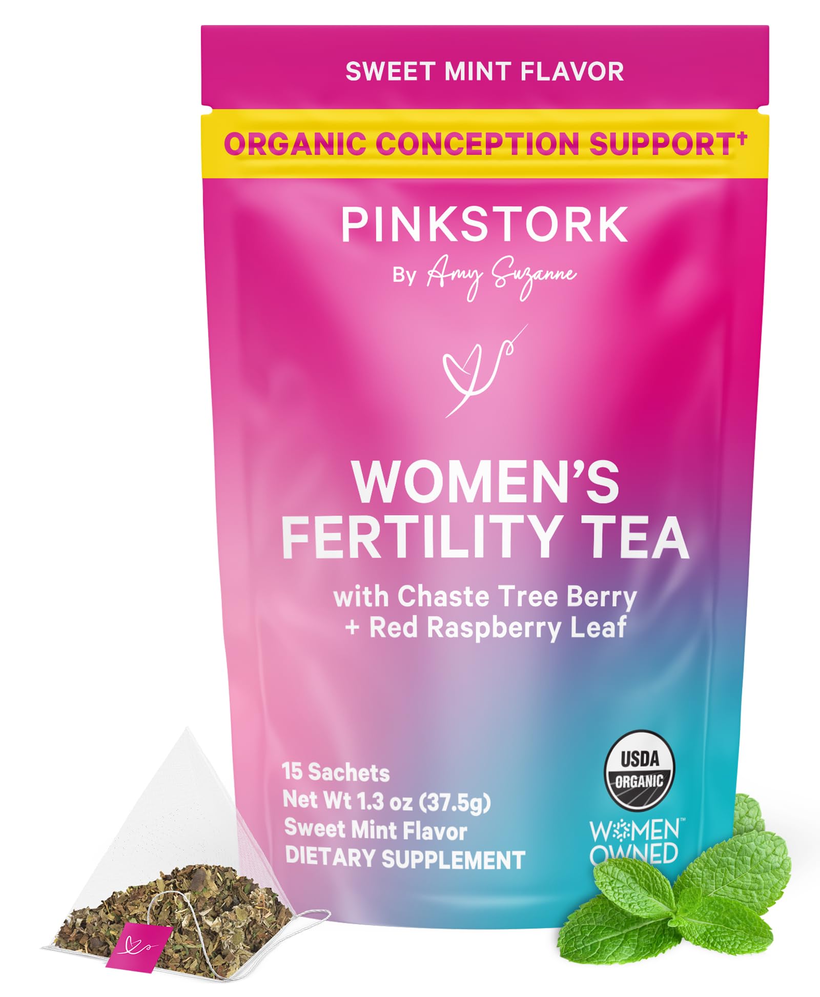 Pink Stork Organic Fertility Tea for Women | Fertility Supplements for Women with Chaste Tree Berry (Vitex) + Red Raspberry Leaf | Hormone Balance Herbal Tea for Conception Support | USDA Organic, Caffeine Free - Sweet Mint, 15 Sachets Pink StorkAu supplements